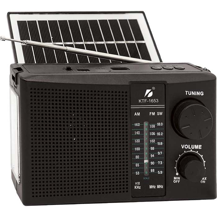 Zdjęcie przedstawiające Radio przenośne z solarem, USB, Bluetooth, latarka, wbudowany akumulator